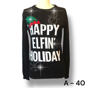 Ugly Christmas Sweater Happy Elfin’ Holiday  Heavily Rhinestone Embellished Sz L